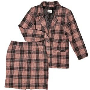 Vintage 2-Piece Size 14 Skirt Suit with Blazer Jacket Pink Gray Plaid Academia